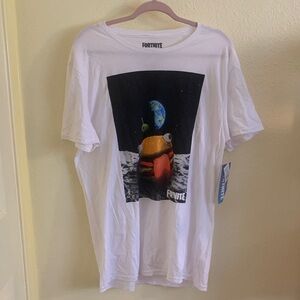 NWT Fortnite White Graphic Tee with Earth and Burger Design